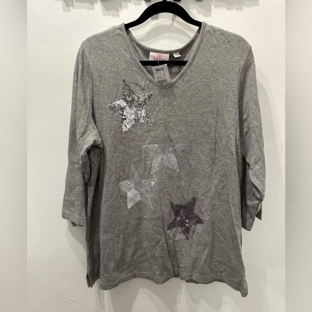 NWT Quacker Factory Womens Long Sleeve Gray Shirt Top Sequins Stretch Size XL